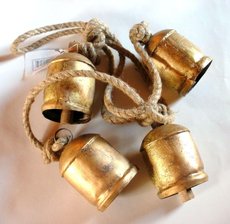 Carfar Handicrafts Shabby Chic Country Style Rustic Metal Hanging Giant Cow Bells, 76 cm Length, Antique Gold, 4 Count - Image 1